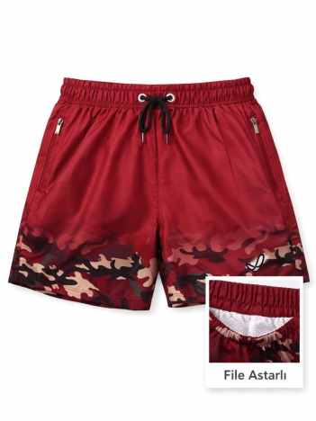 Kadın Deniz Şortu Fermuarlı Cepli File Astarlı Hızlı Kuruyan Premium - Bordo