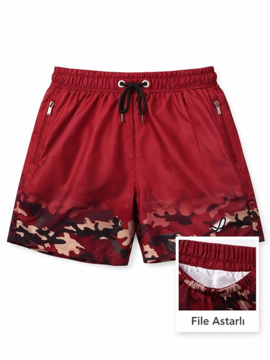 Kadın Deniz Şortu Fermuarlı Cepli File Astarlı Hızlı Kuruyan Premium - Bordo