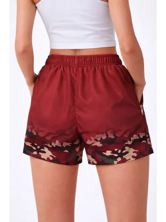 Kadın Deniz Şortu Fermuarlı Cepli File Astarlı Hızlı Kuruyan Premium - Bordo