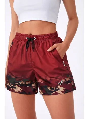 Kadın Deniz Şortu Fermuarlı Cepli File Astarlı Hızlı Kuruyan Premium - Bordo