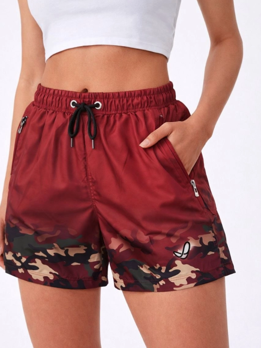 Kadın Deniz Şortu Fermuarlı Cepli File Astarlı Hızlı Kuruyan Premium - Bordo