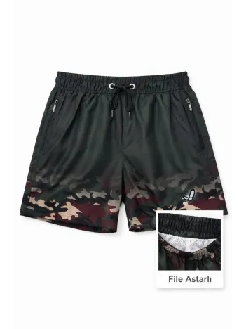 Kadın Deniz Şortu Fermuarlı Cepli File Astarlı Hızlı Kuruyan Premium - Siyah