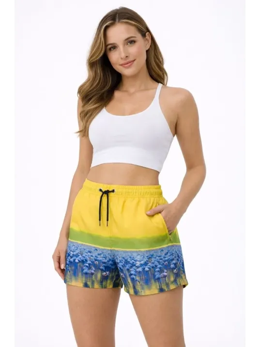 Kadın Deniz Şortu Fermuarlı Cepli File Astarlı Hızlı Kuruyan Premium - Sarı