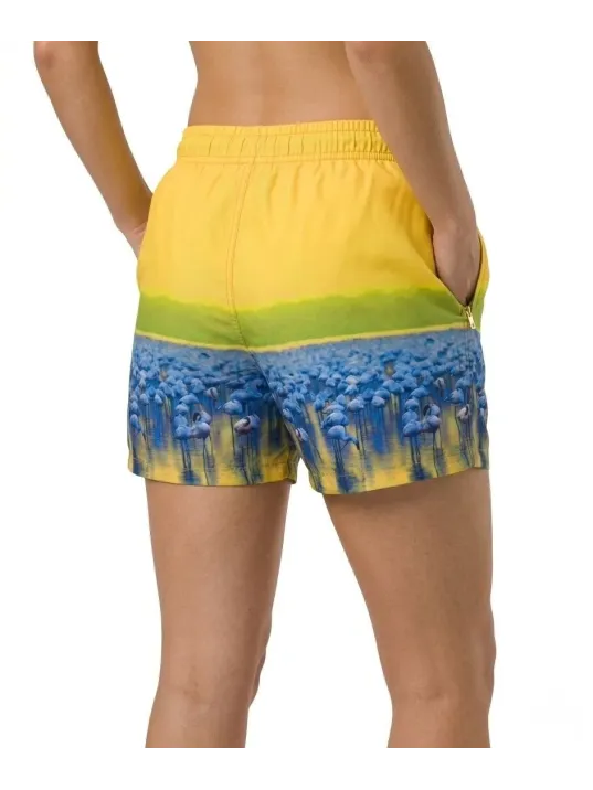 Kadın Deniz Şortu Fermuarlı Cepli File Astarlı Hızlı Kuruyan Premium - Sarı
