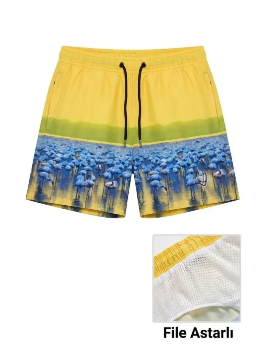 Kadın Deniz Şortu Fermuarlı Cepli File Astarlı Hızlı Kuruyan Premium - Sarı