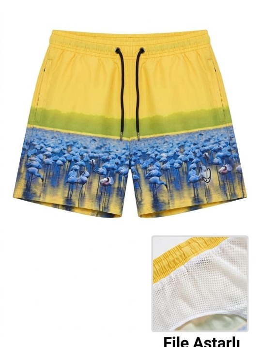 Kadın Deniz Şortu Fermuarlı Cepli File Astarlı Hızlı Kuruyan Premium - Sarı