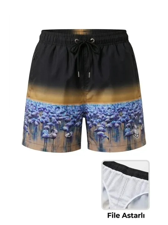 Kadın Deniz Şortu Fermuarlı Cepli File Astarlı Hızlı Kuruyan Premium - Siyah