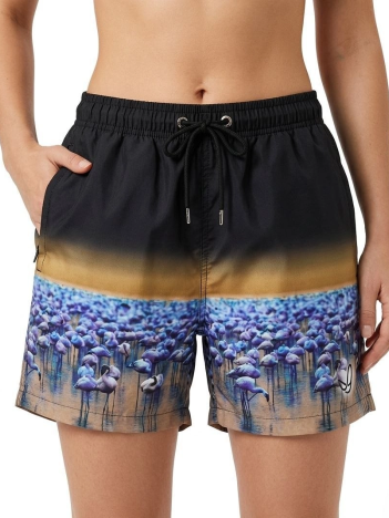 Kadın Deniz Şortu Fermuarlı Cepli File Astarlı Hızlı Kuruyan Premium - Siyah