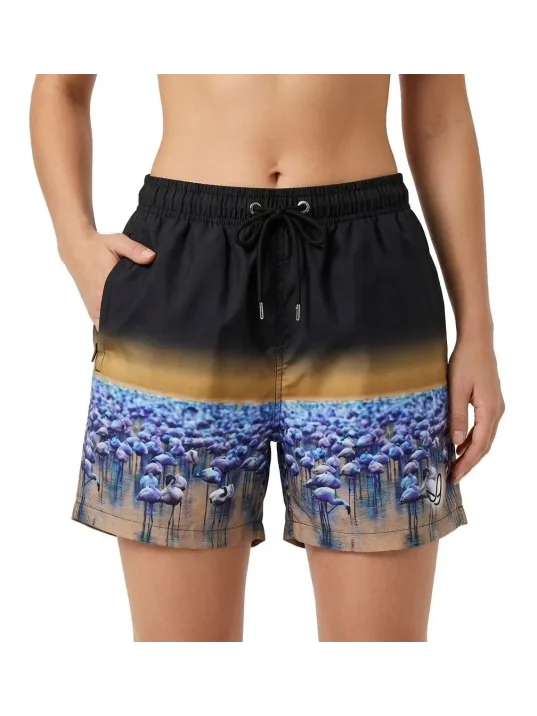 Kadın Deniz Şortu Fermuarlı Cepli File Astarlı Hızlı Kuruyan Premium - Siyah