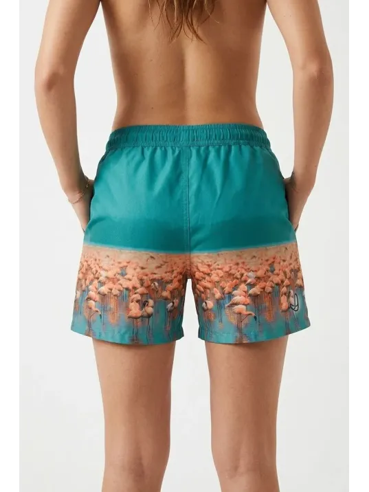 Kadın Deniz Şortu Fermuarlı Cepli File Astarlı Hızlı Kuruyan Premium - Su Yeşili