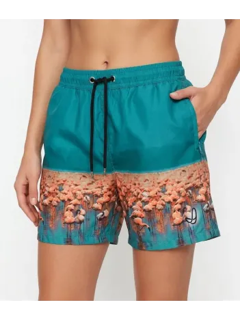 Kadın Deniz Şortu Fermuarlı Cepli File Astarlı Hızlı Kuruyan Premium - Su Yeşili