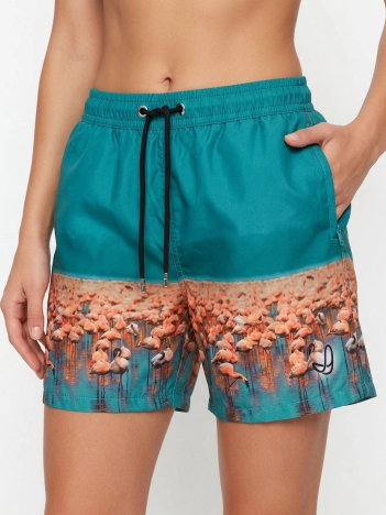 Kadın Deniz Şortu Fermuarlı Cepli File Astarlı Hızlı Kuruyan Premium - Su Yeşili