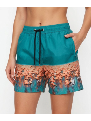 Kadın Deniz Şortu Fermuarlı Cepli File Astarlı Hızlı Kuruyan Premium - Su Yeşili