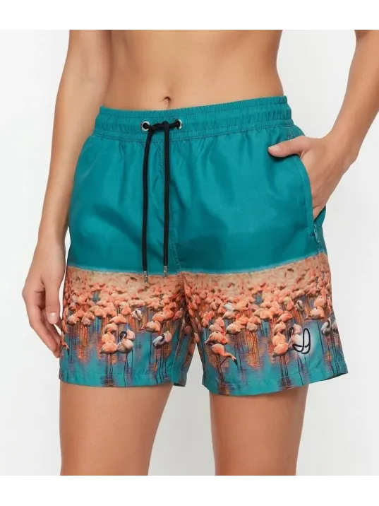 Kadın Deniz Şortu Fermuarlı Cepli File Astarlı Hızlı Kuruyan Premium - Su Yeşili