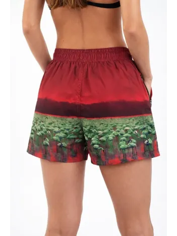 Kadın Deniz Şortu Fermuarlı Cepli File Astarlı Hızlı Kuruyan Premium - Kırmızı