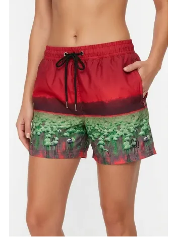 Kadın Deniz Şortu Fermuarlı Cepli File Astarlı Hızlı Kuruyan Premium - Kırmızı