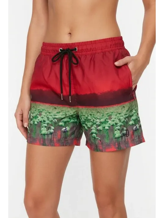 Kadın Deniz Şortu Fermuarlı Cepli File Astarlı Hızlı Kuruyan Premium - Kırmızı