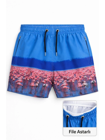 Kadın Deniz Şortu Fermuarlı Cepli File Astarlı Hızlı Kuruyan Premium - Mavi