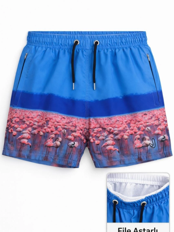 Kadın Deniz Şortu Fermuarlı Cepli File Astarlı Hızlı Kuruyan Premium - Mavi