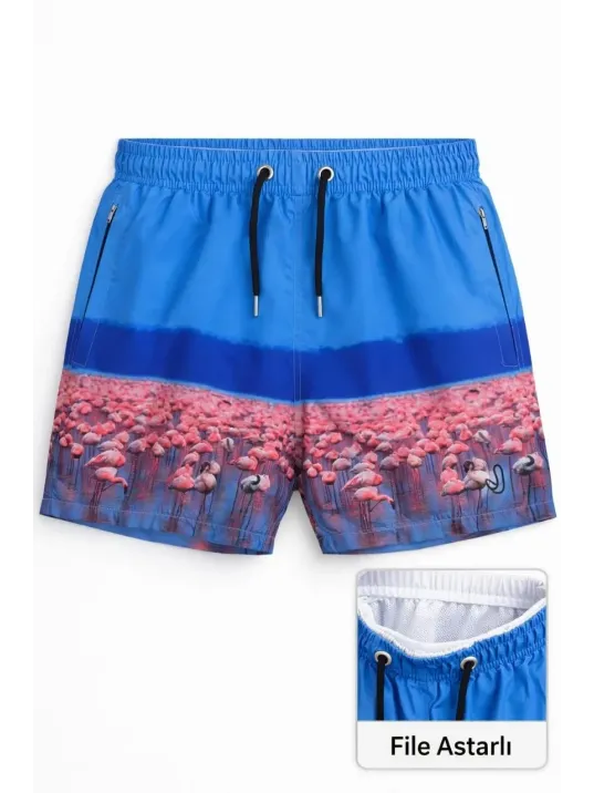 Kadın Deniz Şortu Fermuarlı Cepli File Astarlı Hızlı Kuruyan Premium - Mavi