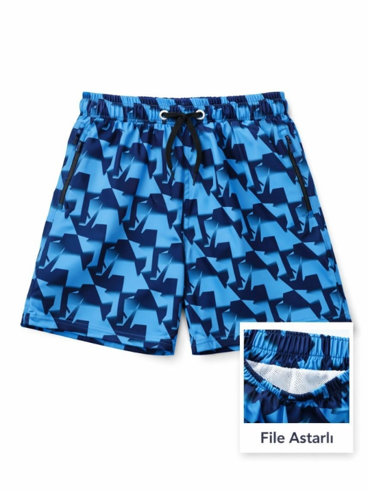 Kadın Deniz Şortu Fermuarlı Cepli File Astarlı Hızlı Kuruyan Premium - Mavi