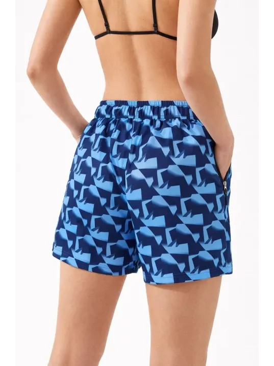 Kadın Deniz Şortu Fermuarlı Cepli File Astarlı Hızlı Kuruyan Premium - Mavi
