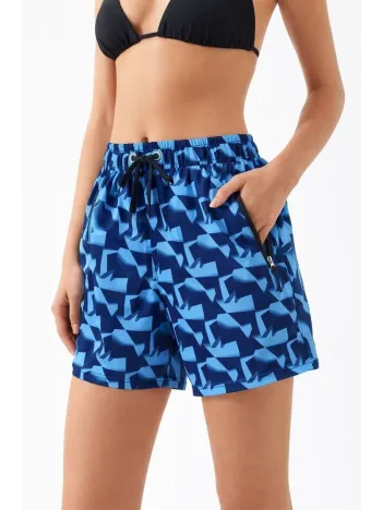 Kadın Deniz Şortu Fermuarlı Cepli File Astarlı Hızlı Kuruyan Premium - Mavi