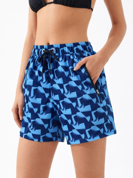 Kadın Deniz Şortu Fermuarlı Cepli File Astarlı Hızlı Kuruyan Premium - Mavi