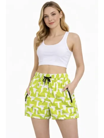 Kadın Deniz Şortu Fermuarlı Cepli File Astarlı Hızlı Kuruyan Premium - Neon Yeşili