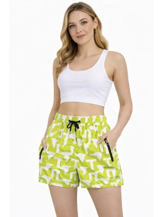 Kadın Deniz Şortu Fermuarlı Cepli File Astarlı Hızlı Kuruyan Premium - Neon Yeşili