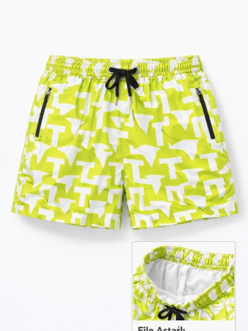 Kadın Deniz Şortu Fermuarlı Cepli File Astarlı Hızlı Kuruyan Premium - Neon Yeşili