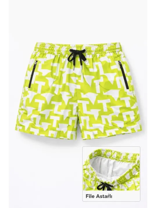 Kadın Deniz Şortu Fermuarlı Cepli File Astarlı Hızlı Kuruyan Premium - Neon Yeşili