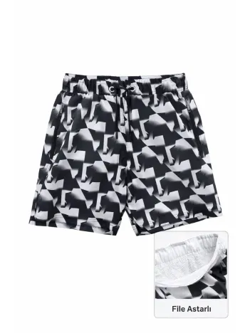 Kadın Deniz Şortu Fermuarlı Cepli File Astarlı Hızlı Kuruyan Premium - Siyah