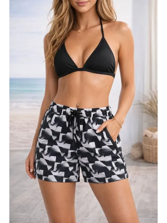 Kadın Deniz Şortu Fermuarlı Cepli File Astarlı Hızlı Kuruyan Premium - Siyah