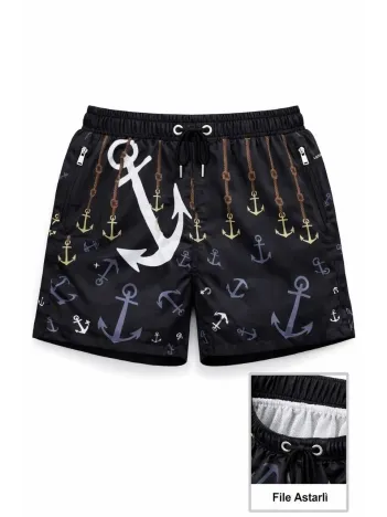 Kadın Deniz Şortu Fermuarlı Cepli File Astarlı Hızlı Kuruyan Premium - Siyah