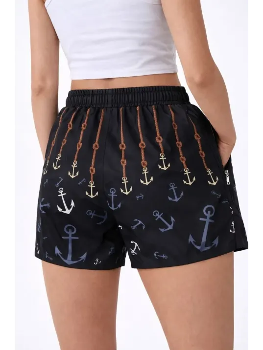 Kadın Deniz Şortu Fermuarlı Cepli File Astarlı Hızlı Kuruyan Premium - Siyah