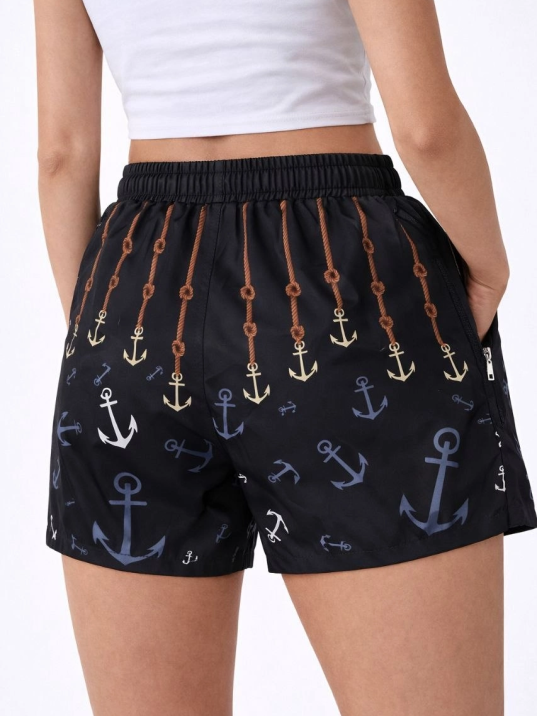 Kadın Deniz Şortu Fermuarlı Cepli File Astarlı Hızlı Kuruyan Premium - Siyah