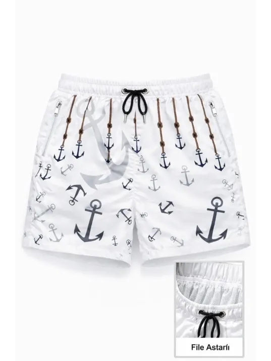 Kadın Deniz Şortu Fermuarlı Cepli File Astarlı Hızlı Kuruyan Premium - Beyaz