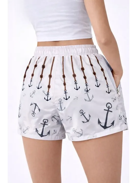 Kadın Deniz Şortu Fermuarlı Cepli File Astarlı Hızlı Kuruyan Premium - Beyaz