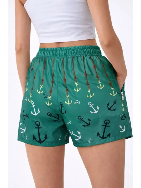 Kadın Deniz Şortu Fermuarlı Cepli File Astarlı Hızlı Kuruyan Premium - Su Yeşili