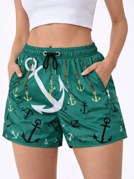 Kadın Deniz Şortu Fermuarlı Cepli File Astarlı Hızlı Kuruyan Premium - Su Yeşili
