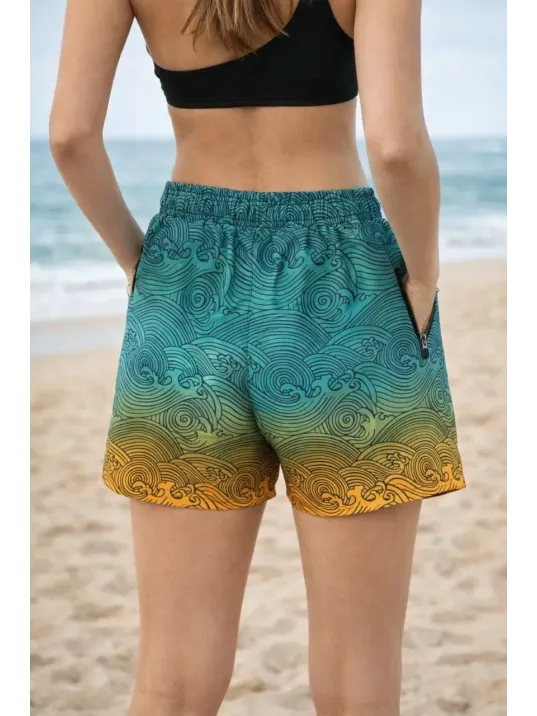 Kadın Deniz Şortu Fermuarlı Cepli File Astarlı Hızlı Kuruyan Premium - Çok Renkli