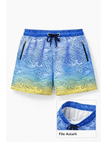 Kadın Deniz Şortu Fermuarlı Cepli File Astarlı Hızlı Kuruyan Premium - Çok Renkli