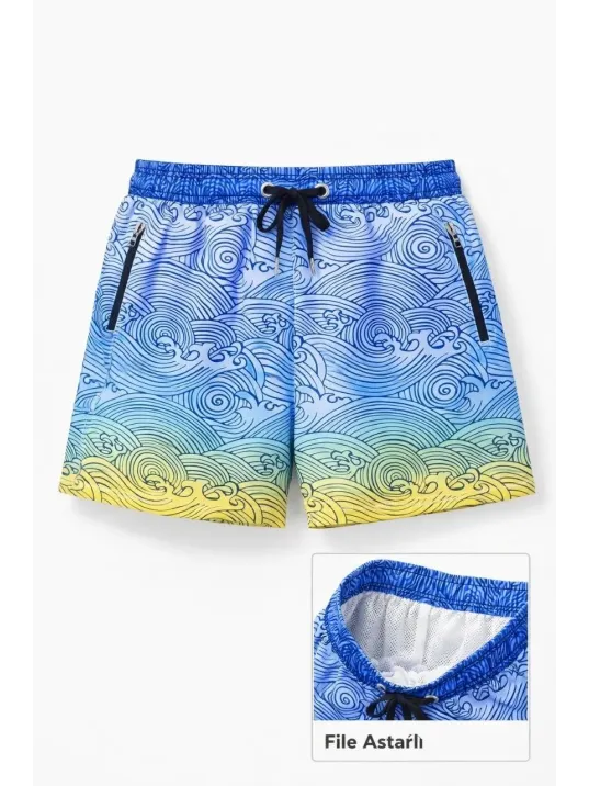 Kadın Deniz Şortu Fermuarlı Cepli File Astarlı Hızlı Kuruyan Premium - Çok Renkli