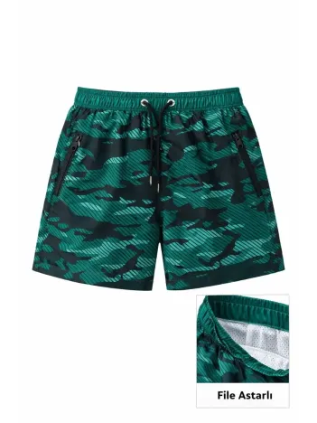 Kadın Deniz Şortu Fermuarlı Cepli File Astarlı Hızlı Kuruyan Premium - Su Yeşili