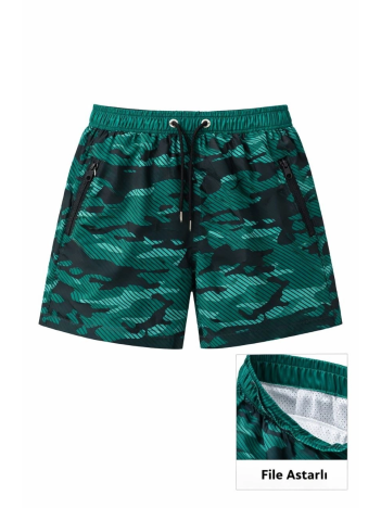 Kadın Deniz Şortu Fermuarlı Cepli File Astarlı Hızlı Kuruyan Premium - Su Yeşili