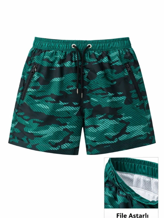 Kadın Deniz Şortu Fermuarlı Cepli File Astarlı Hızlı Kuruyan Premium - Su Yeşili