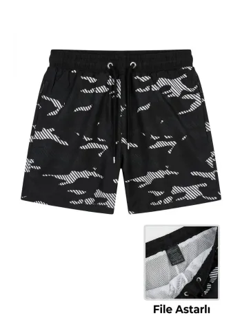 Kadın Deniz Şortu Fermuarlı Cepli File Astarlı Hızlı Kuruyan Premium - Siyah