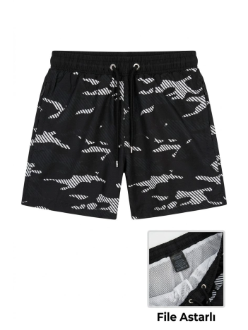 Kadın Deniz Şortu Fermuarlı Cepli File Astarlı Hızlı Kuruyan Premium - Siyah