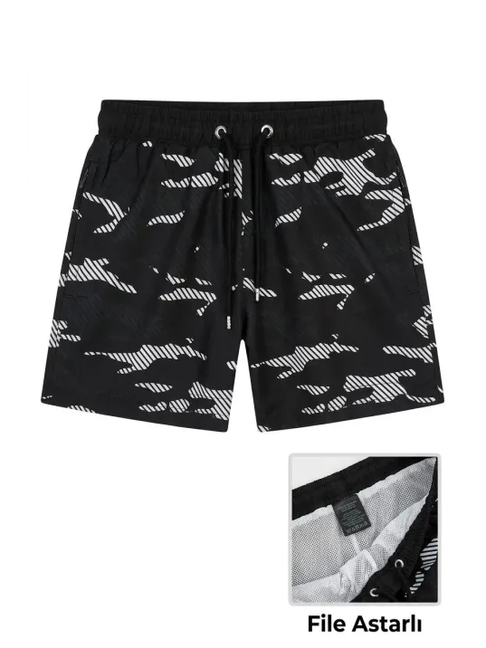 Kadın Deniz Şortu Fermuarlı Cepli File Astarlı Hızlı Kuruyan Premium - Siyah